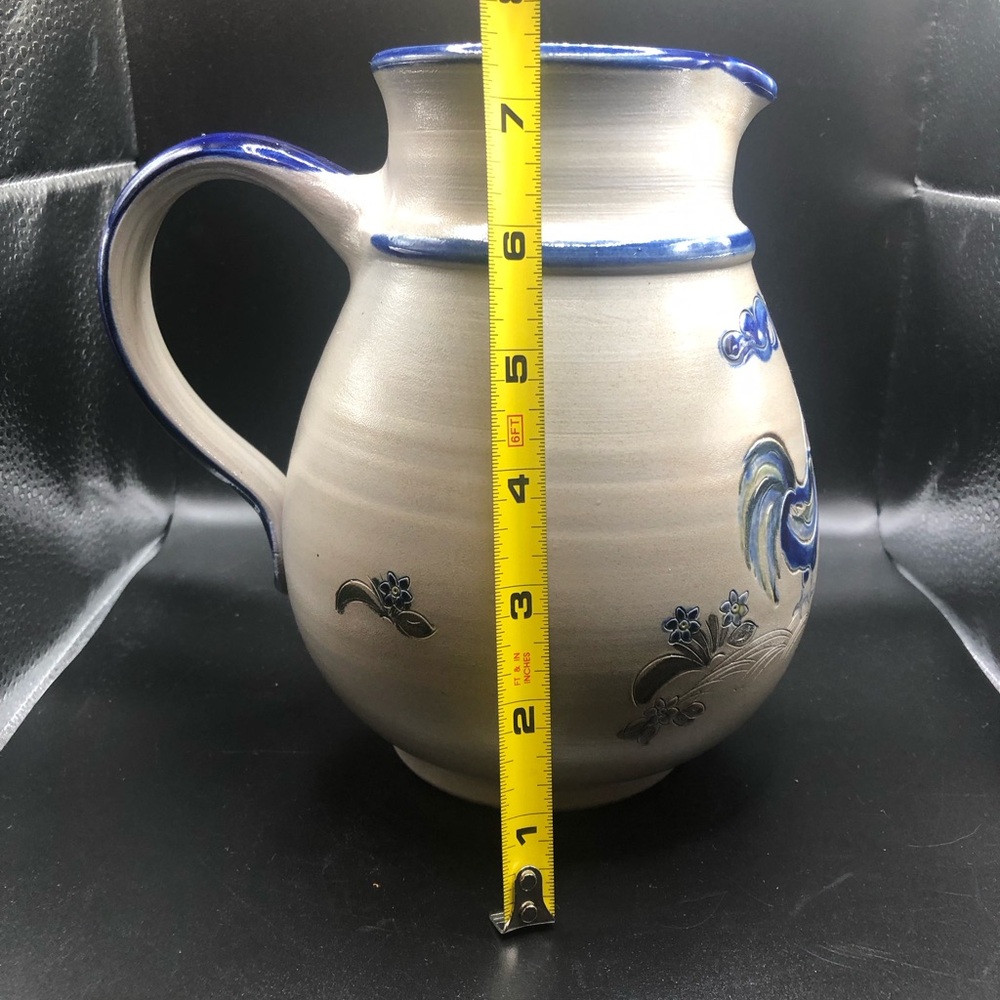 Henrichs Klauer Signed Salt Glazed Pottery Colbalt Blue Rooster Hen Pitcher - Picture 9 of 15